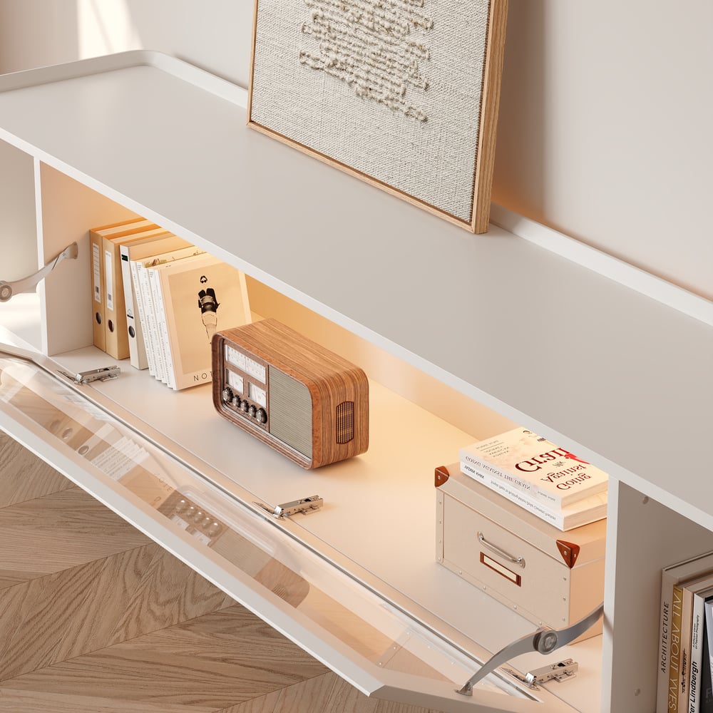 79" White Glass Door TV Stand with Storage and LED window image