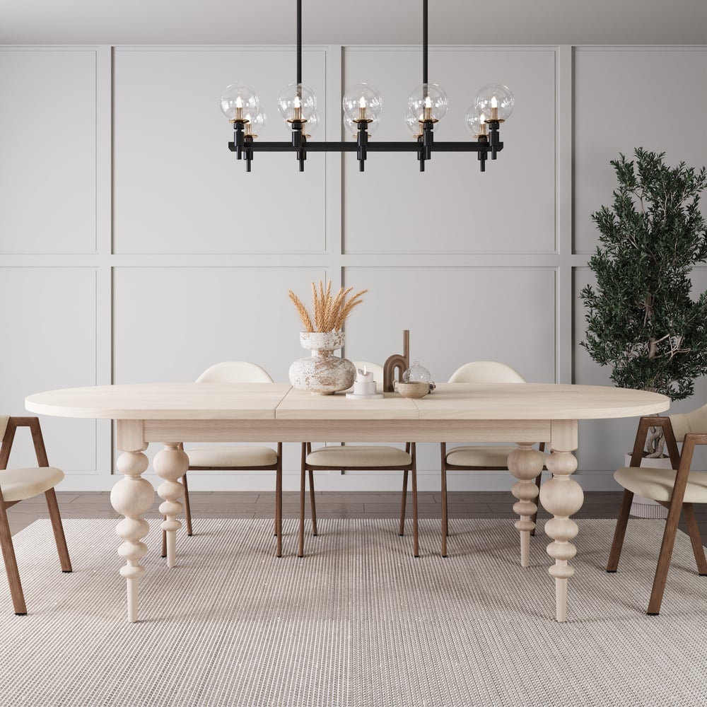 79"-94" Mid-Century Oval Extendable Dining Table Whitewash Seats 6-10 People window image