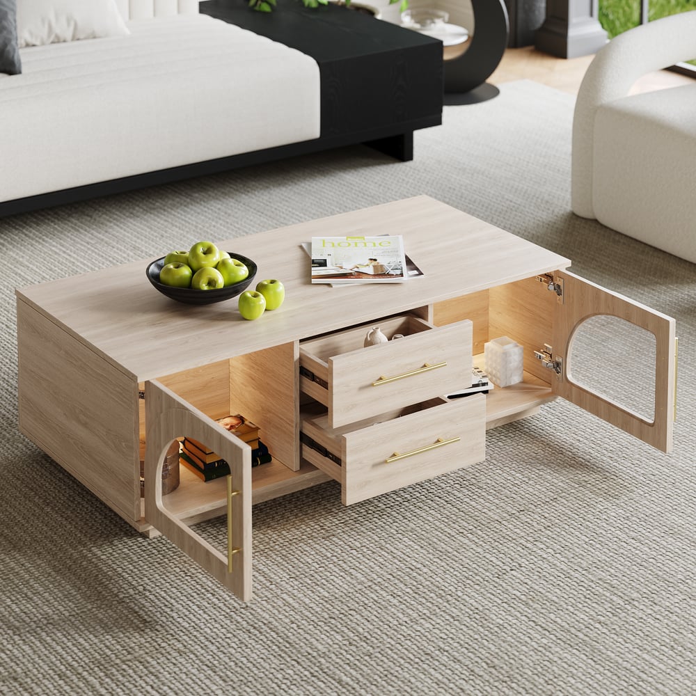 Arune 1200 mm salontafel met gebogen glazen deuren, opbergruimte en LED Vensterafbeelding