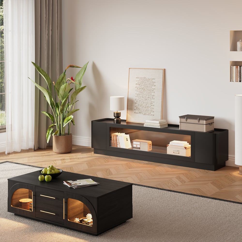 79" Black Glass Door TV Stand with Storage and LED window image