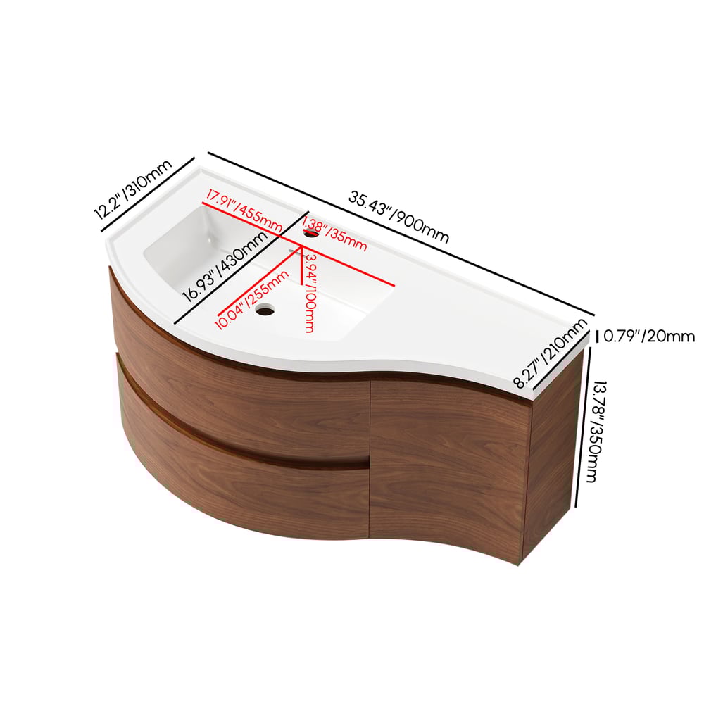 889mm Floating Curved Bathroom Vanity Half-Circle Bathroom Cabinet Walnut weights dimensions image
