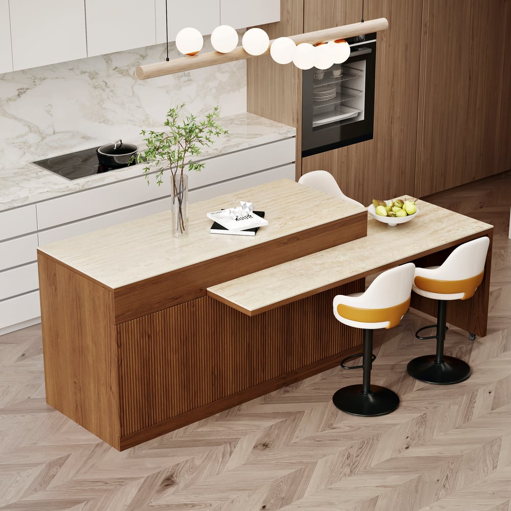 Îlot de cuisine extensible de 2050 mm à 2680 mm avec portes et tiroirs, dessus en pierre frittée en noyer image de fenêtre