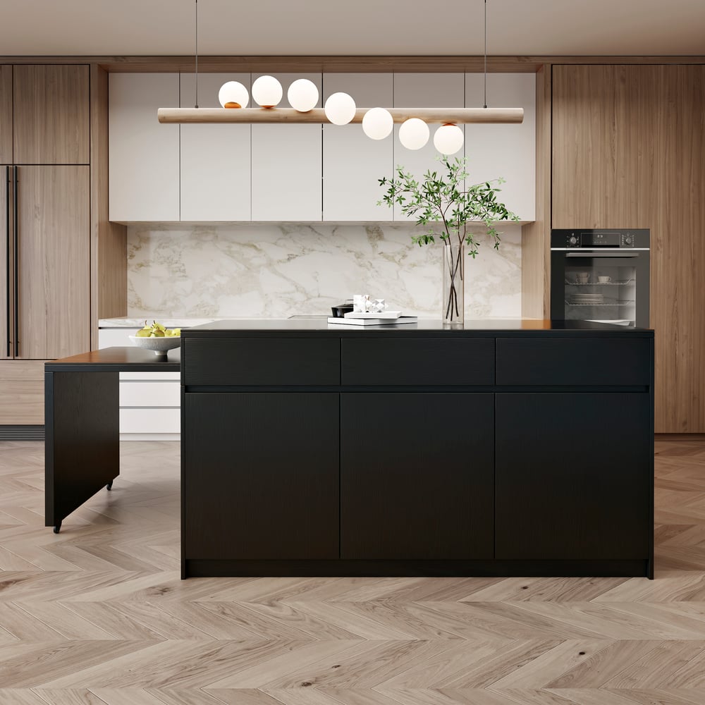 81''-106" Extendable Kitchen lsland with Doors&Drawers Black Sintered Stone Top window image