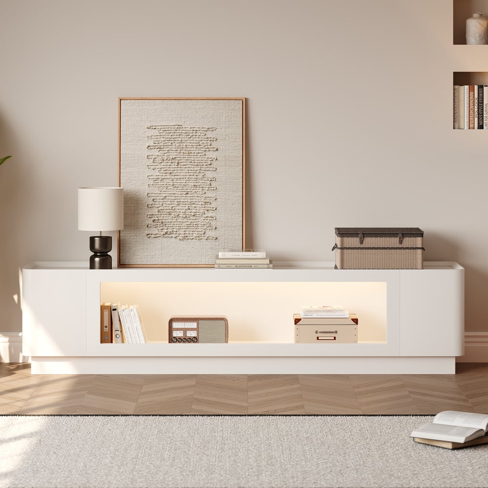 79" White Glass Door TV Stand with Storage and LED window image