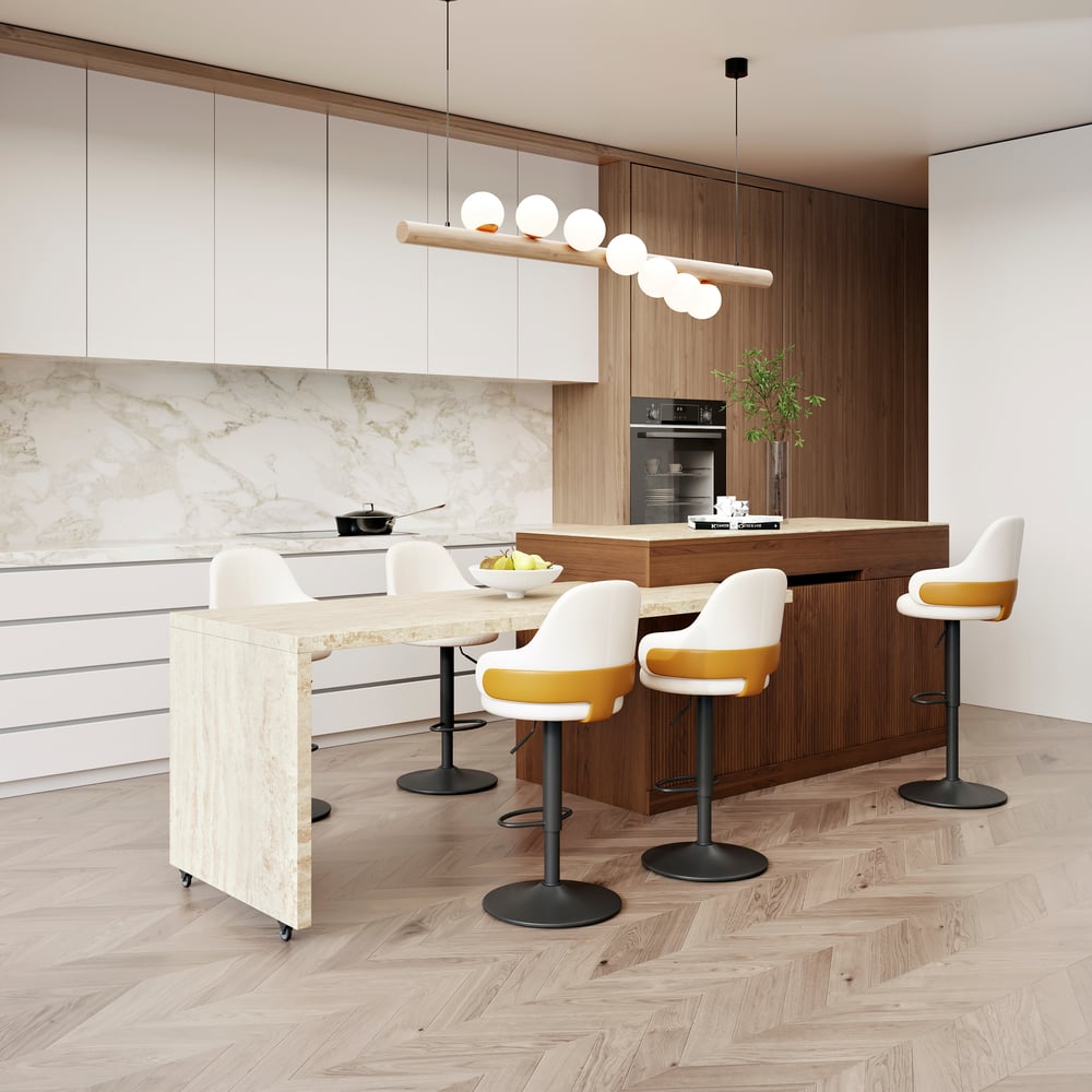 81''-106" Extendable Walnut Kitchen lsland with Doors&Drawers Marble Pattern Top window image