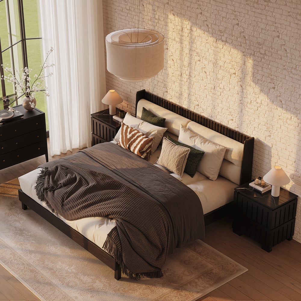 Modern Black Queen Size Solid Wood Bed with Boucle Headboard Pillows window image