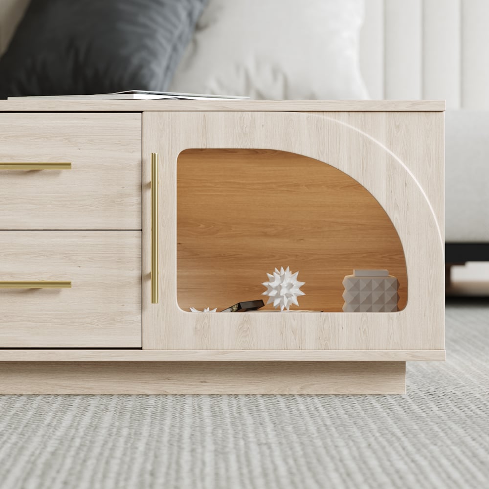 Arune 1200 mm salontafel met gebogen glazen deuren, opbergruimte en LED Vensterafbeelding