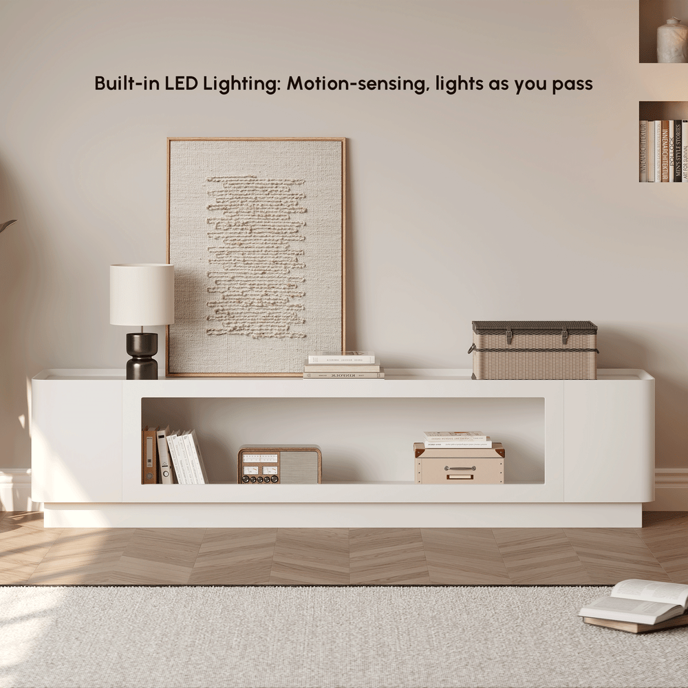 79" White Glass Door TV Stand with Storage and LED window image