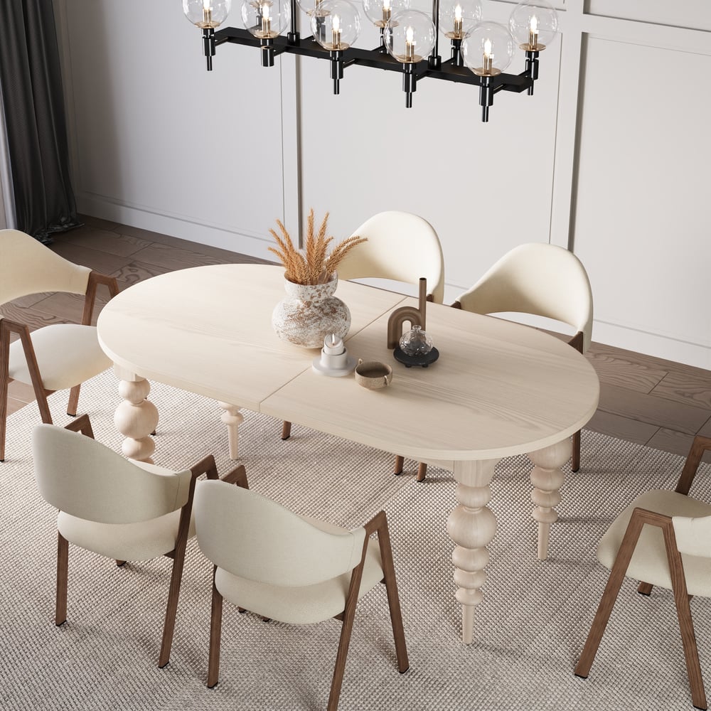 67"-79" Mid-Century Oval Extendable Dining Table Whitewash Seats 4-8 People window image