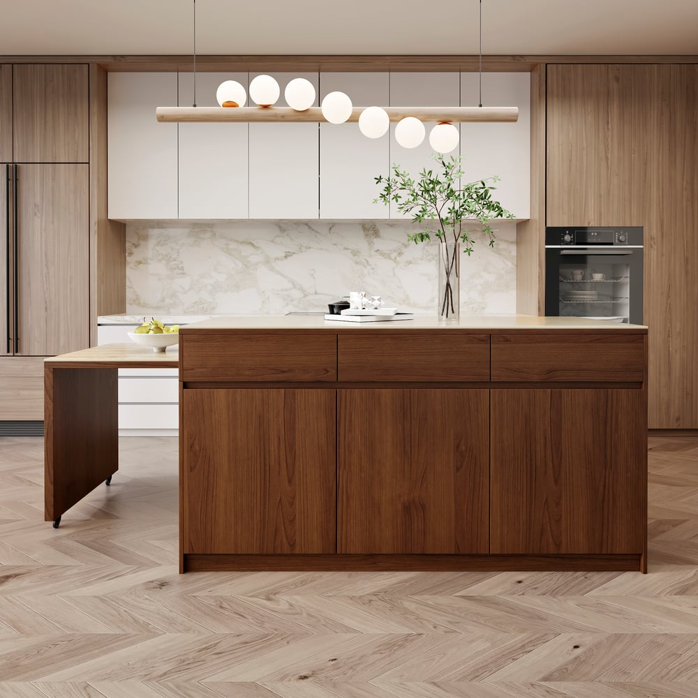 Îlot de cuisine extensible de 2050 mm à 2680 mm avec portes et tiroirs, dessus en pierre frittée en noyer image de fenêtre