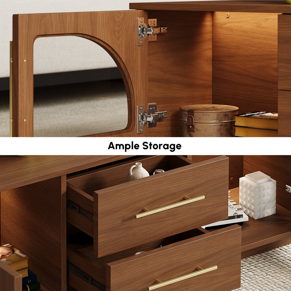 Konferenční stolek Arune 1200 mm s klenutými skleněnými dveřmi s úložným prostorem a LED obrázek okna