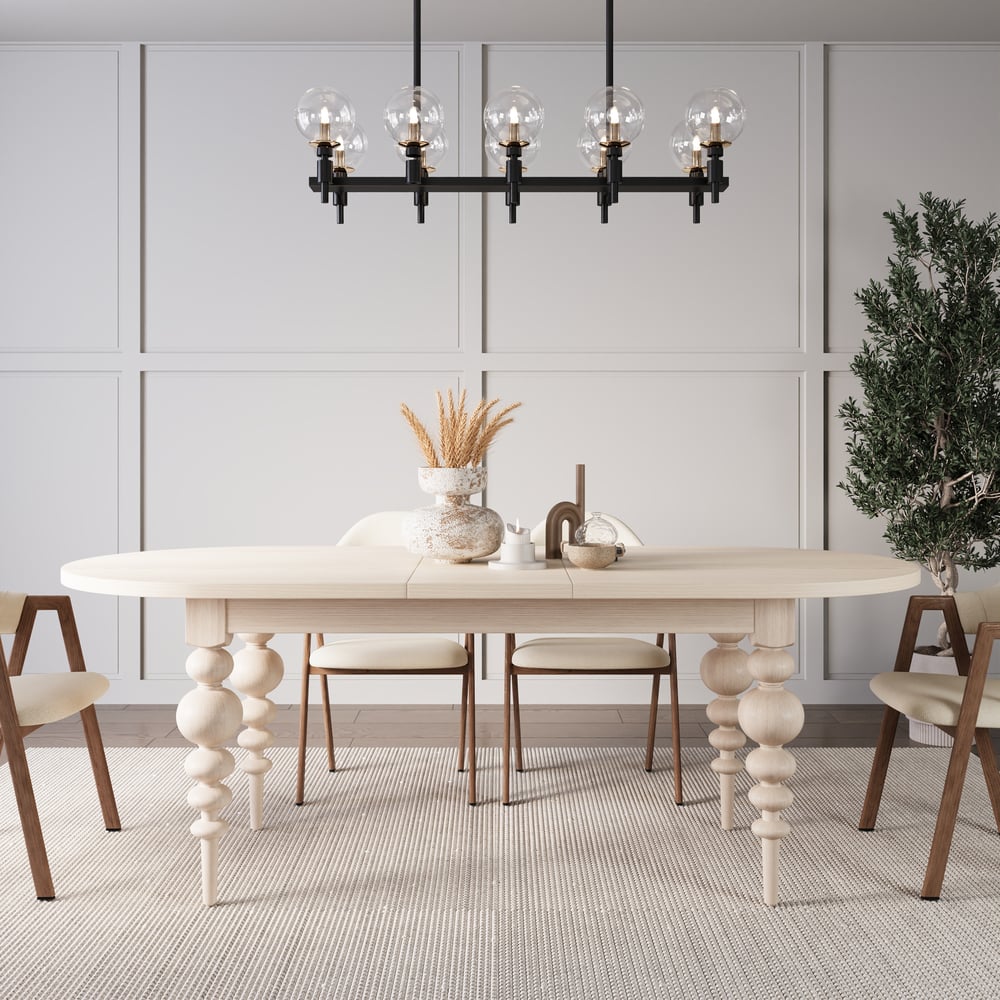 67"-79" Mid-Century Oval Extendable Dining Table Whitewash Seats 4-8 People window image