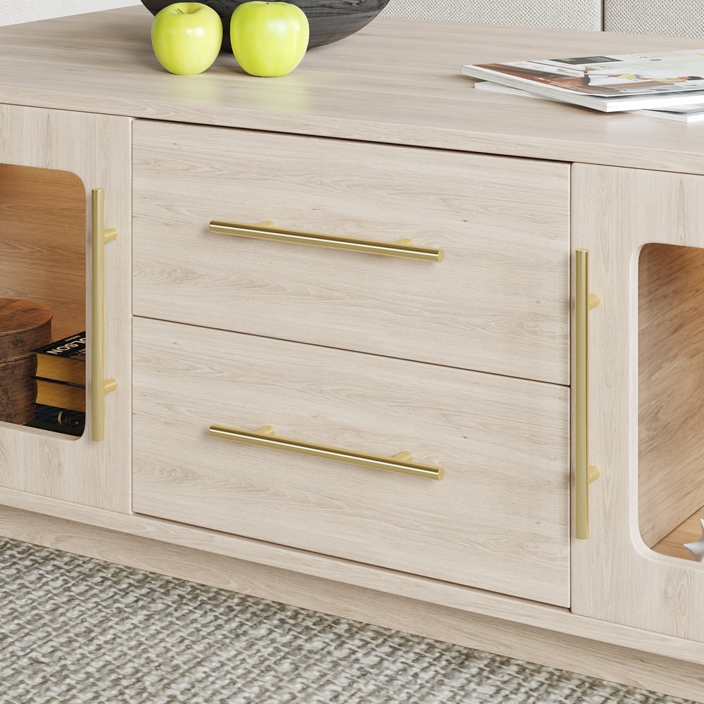 Arune 1200 mm salontafel met gebogen glazen deuren, opbergruimte en LED Vensterafbeelding