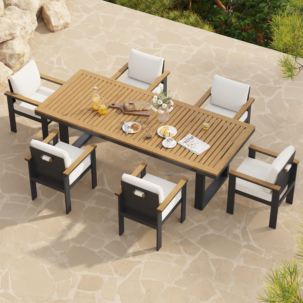 6 - Person Rectangle Wood & Aluminum Outdoor Patio Dining Table Outdoor 6 Dining Chairs window image