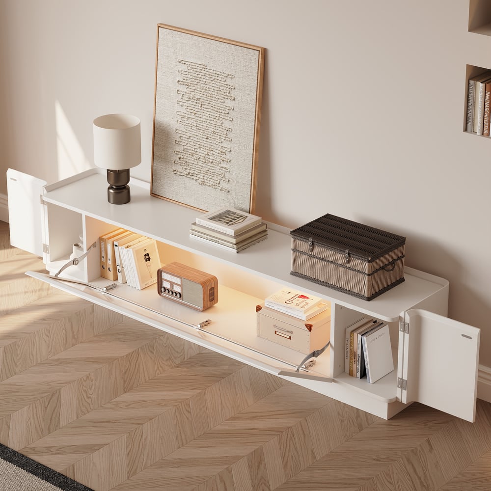 79" White Glass Door TV Stand with Storage and LED window image