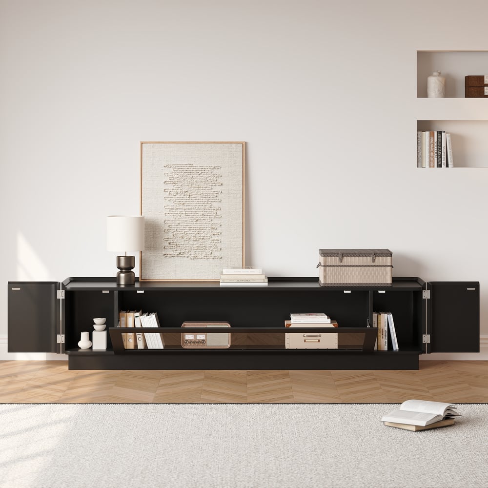 79" Black Glass Door TV Stand with Storage and LED window image