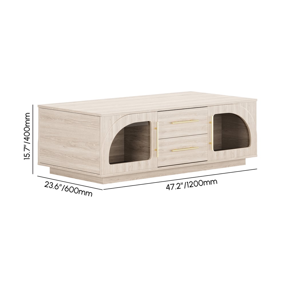 Arune 1200 mm salontafel met gebogen glazen deuren, opbergruimte en LED Afbeelding met gewichten en afmetingen