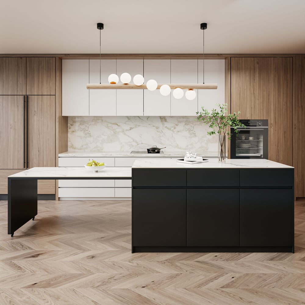 81''-106" Extendable Kitchen lsland with Doors&Drawers Black & White Sintered Stone Top window image