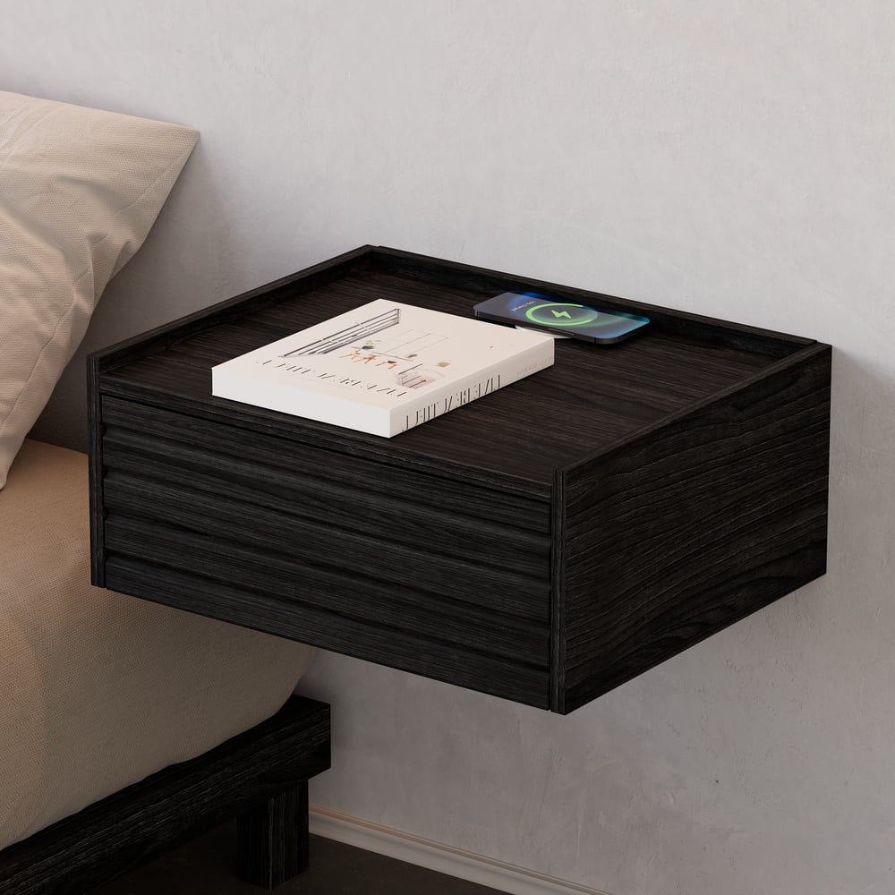 Mesita de noche flotante de madera con luz y estación de carga imagen de ventana