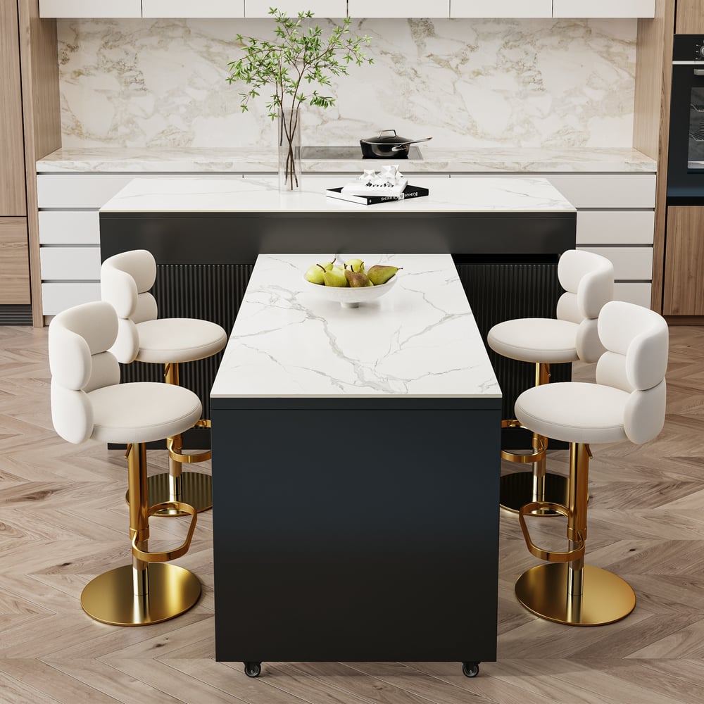 81''-106" Extendable Kitchen lsland with Doors&Drawers Black & White Sintered Stone Top window image