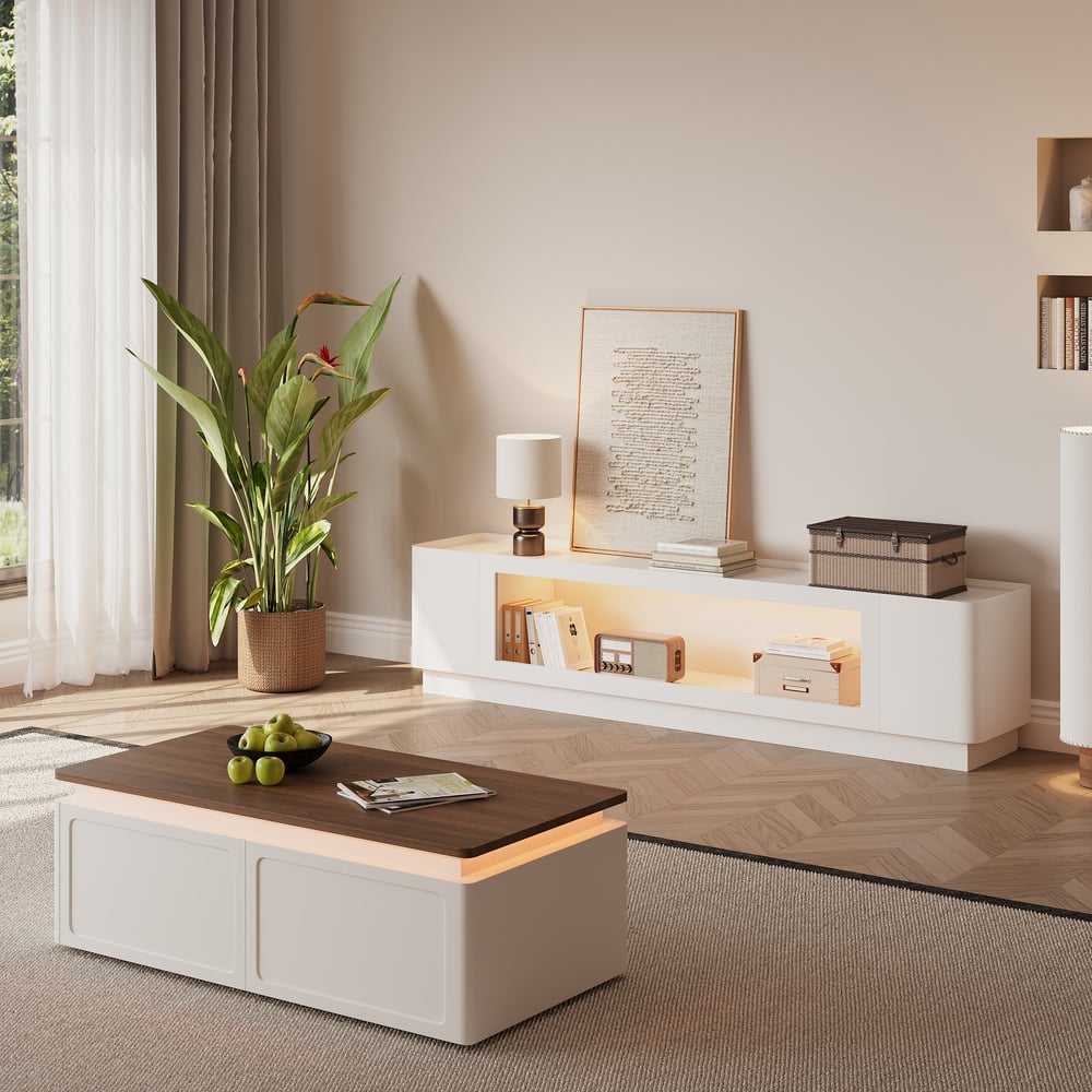 79" White Glass Door TV Stand with Storage and LED window image