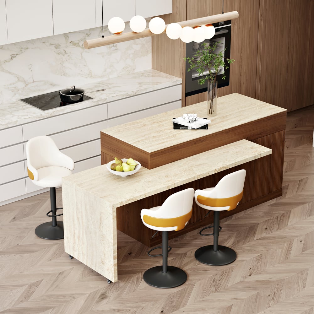 81''-106" Extendable Walnut Kitchen lsland with Doors&Drawers Marble Pattern Top window image