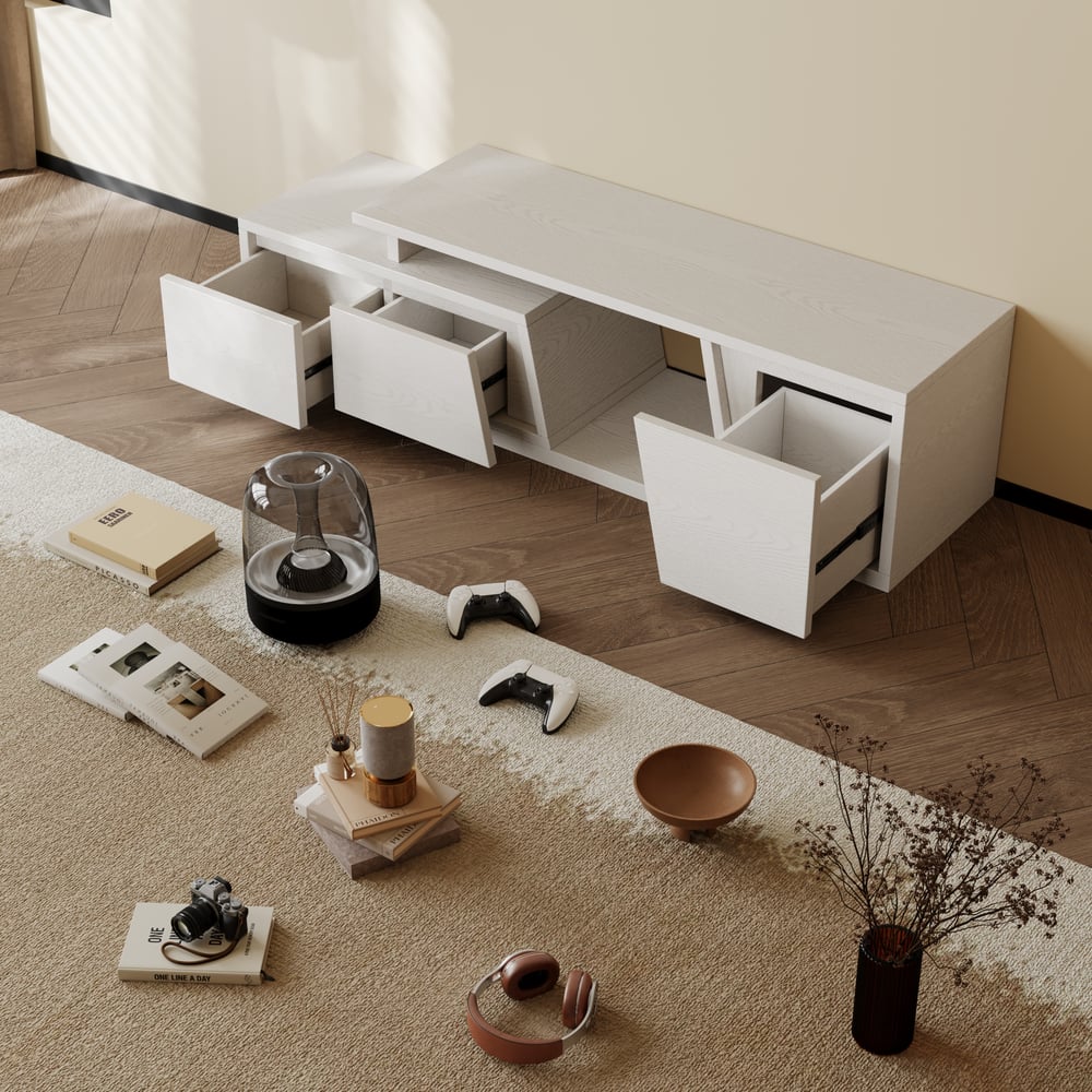 Fero White Extendable TV Stand with 3 Drawers(47"-71") window image