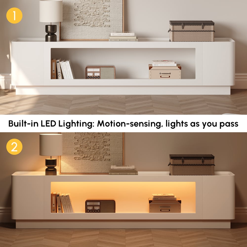 79" White Glass Door TV Stand with Storage and LED window image