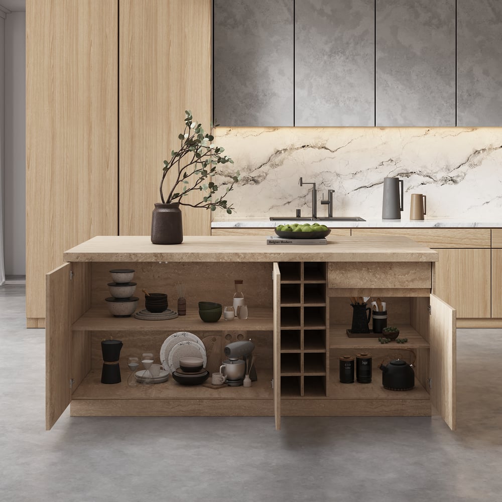 72" Japandi Style Wood Kitchen Island with Multi-Storage and LED Light Matte Travertine window image