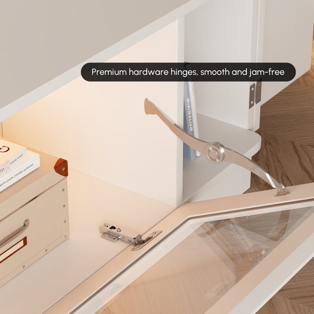 79" White Glass Door TV Stand with Storage and LED window image