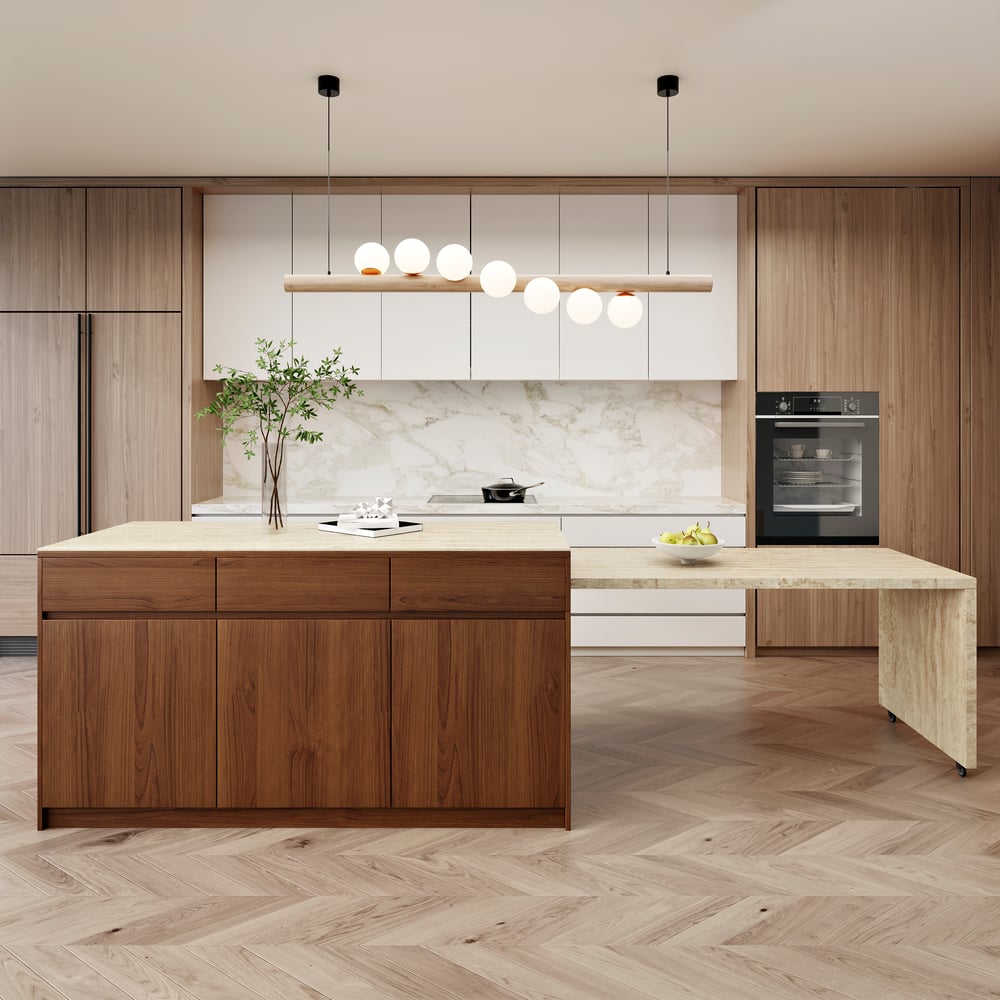 81''-106" Extendable Walnut Kitchen lsland with Doors&Drawers Marble Pattern Top window image
