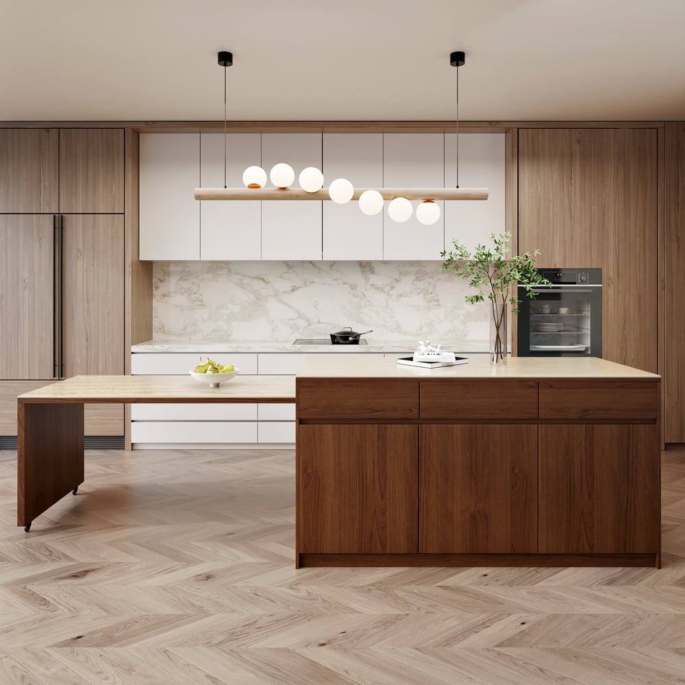 Îlot de cuisine extensible de 2050 mm à 2680 mm avec portes et tiroirs, dessus en pierre frittée en noyer image de fenêtre