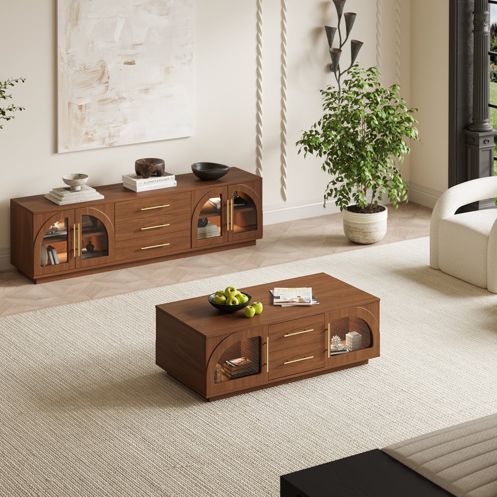 Konferenční stolek Arune 1200 mm s klenutými skleněnými dveřmi s úložným prostorem a LED obrázek okna