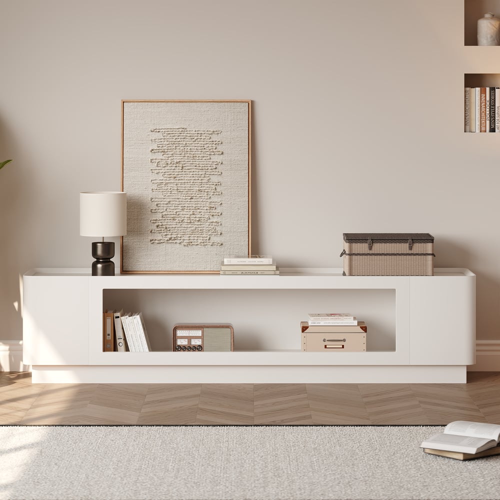 79" White Glass Door TV Stand with Storage and LED window image