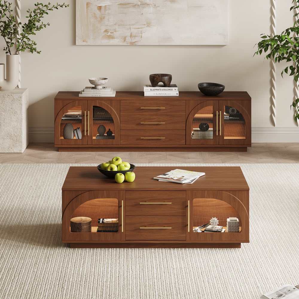 Konferenční stolek Arune 1200 mm s klenutými skleněnými dveřmi s úložným prostorem a LED obrázek okna