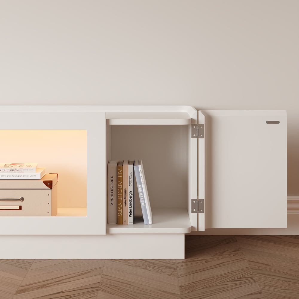 79" White Glass Door TV Stand with Storage and LED window image