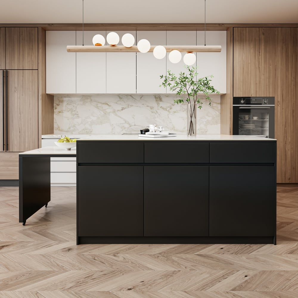 81''-106" Extendable Kitchen lsland with Doors&Drawers Black & White Sintered Stone Top window image
