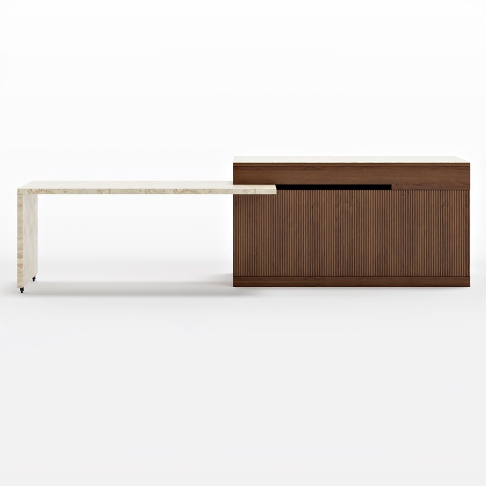 81''-106" Extendable Walnut Kitchen lsland with Doors&Drawers Marble Pattern Top window image