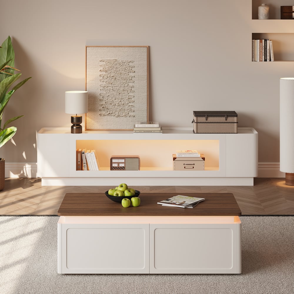 79" White Glass Door TV Stand with Storage and LED window image