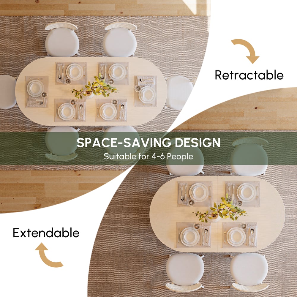 63"-79" Japandi Style Oval Extendable Dining Table Whitewash Seats 4-6 People window image