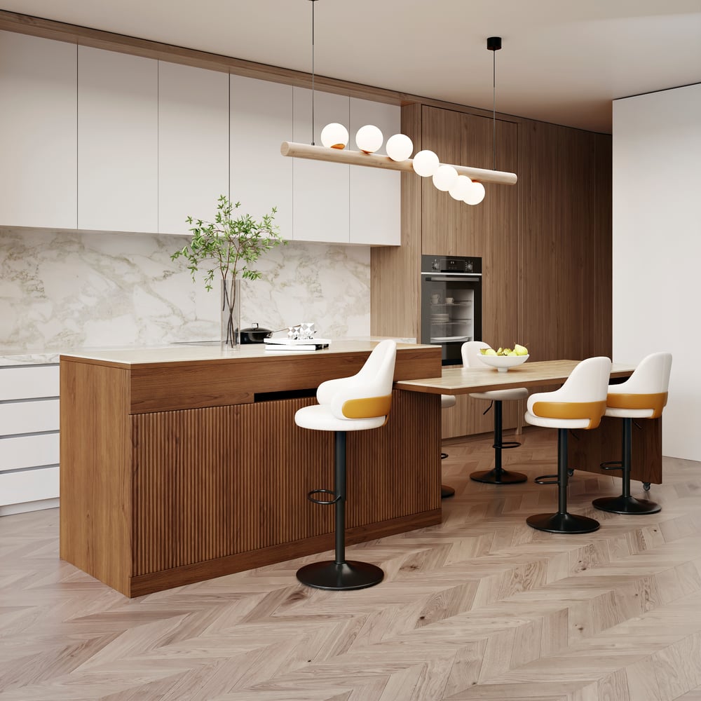 Îlot de cuisine extensible de 2050 mm à 2680 mm avec portes et tiroirs, dessus en pierre frittée en noyer image de fenêtre