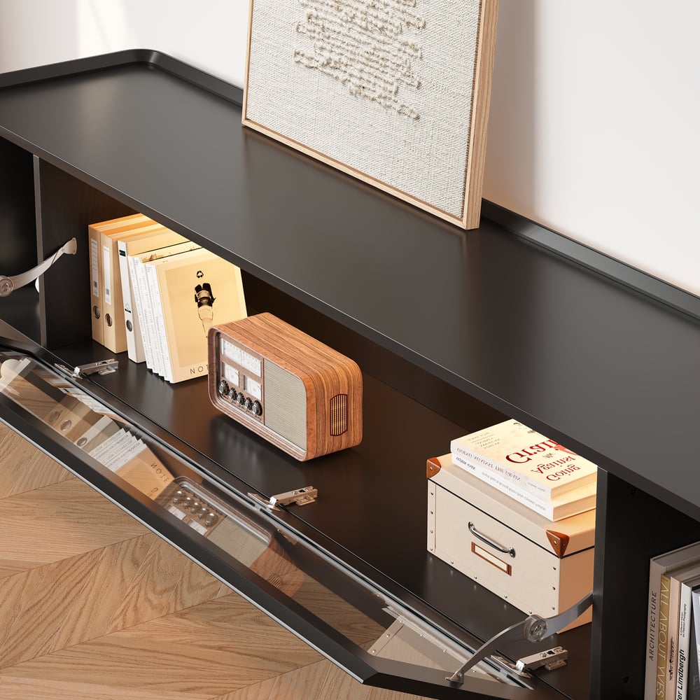 79" Black Glass Door TV Stand with Storage and LED window image