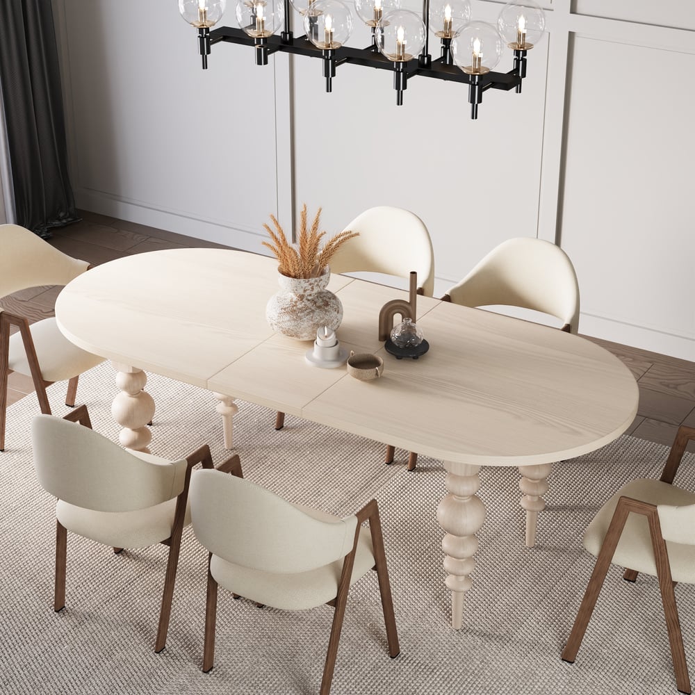 67"-79" Mid-Century Oval Extendable Dining Table Whitewash Seats 4-8 People window image