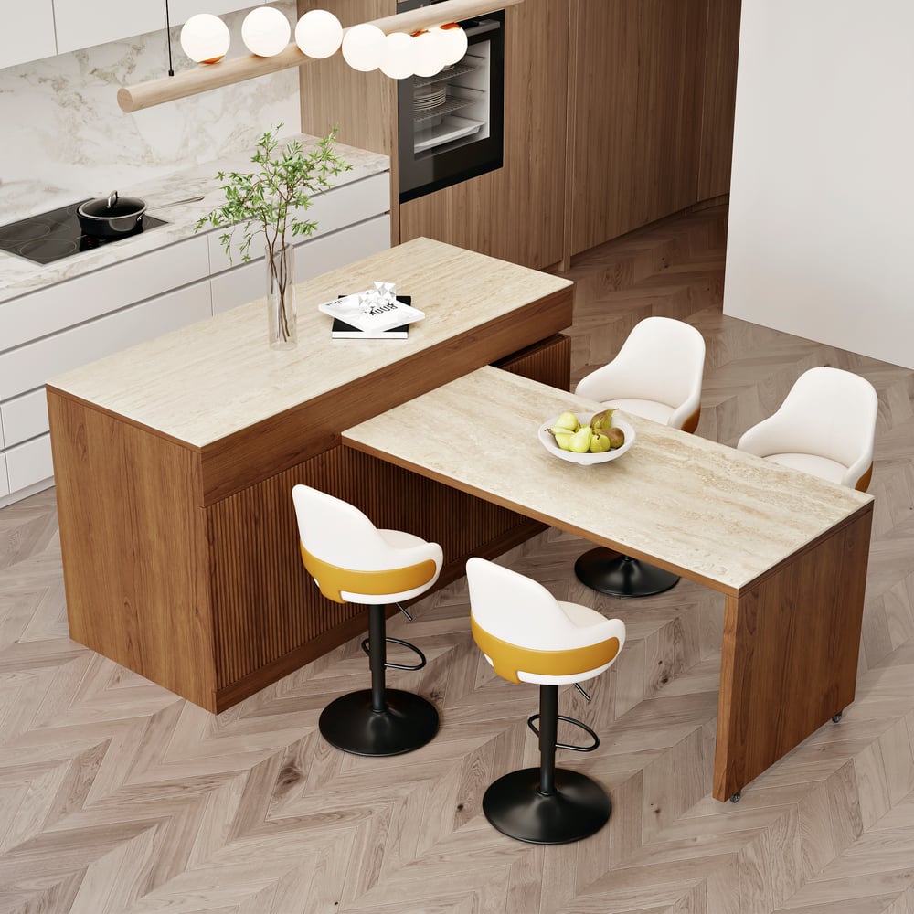 Îlot de cuisine extensible de 2050 mm à 2680 mm avec portes et tiroirs, dessus en pierre frittée en noyer image de fenêtre