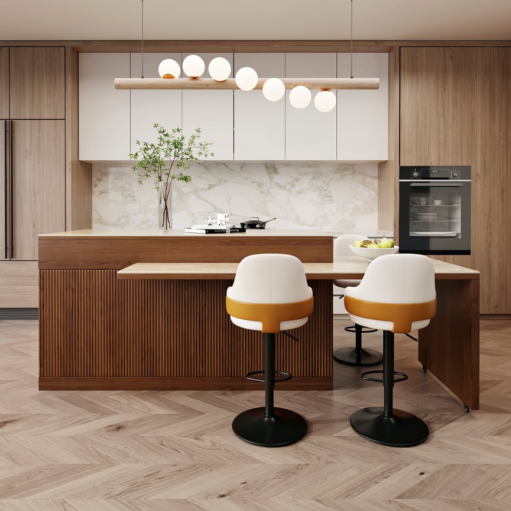 Îlot de cuisine extensible de 2050 mm à 2680 mm avec portes et tiroirs, dessus en pierre frittée en noyer image de fenêtre