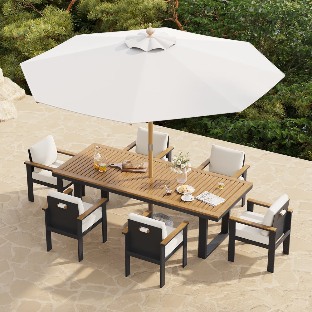 8 Pieces Rectangle Wood & Aluminum Outdoor Patio Dining Set with Central Pillar Umbrella window image