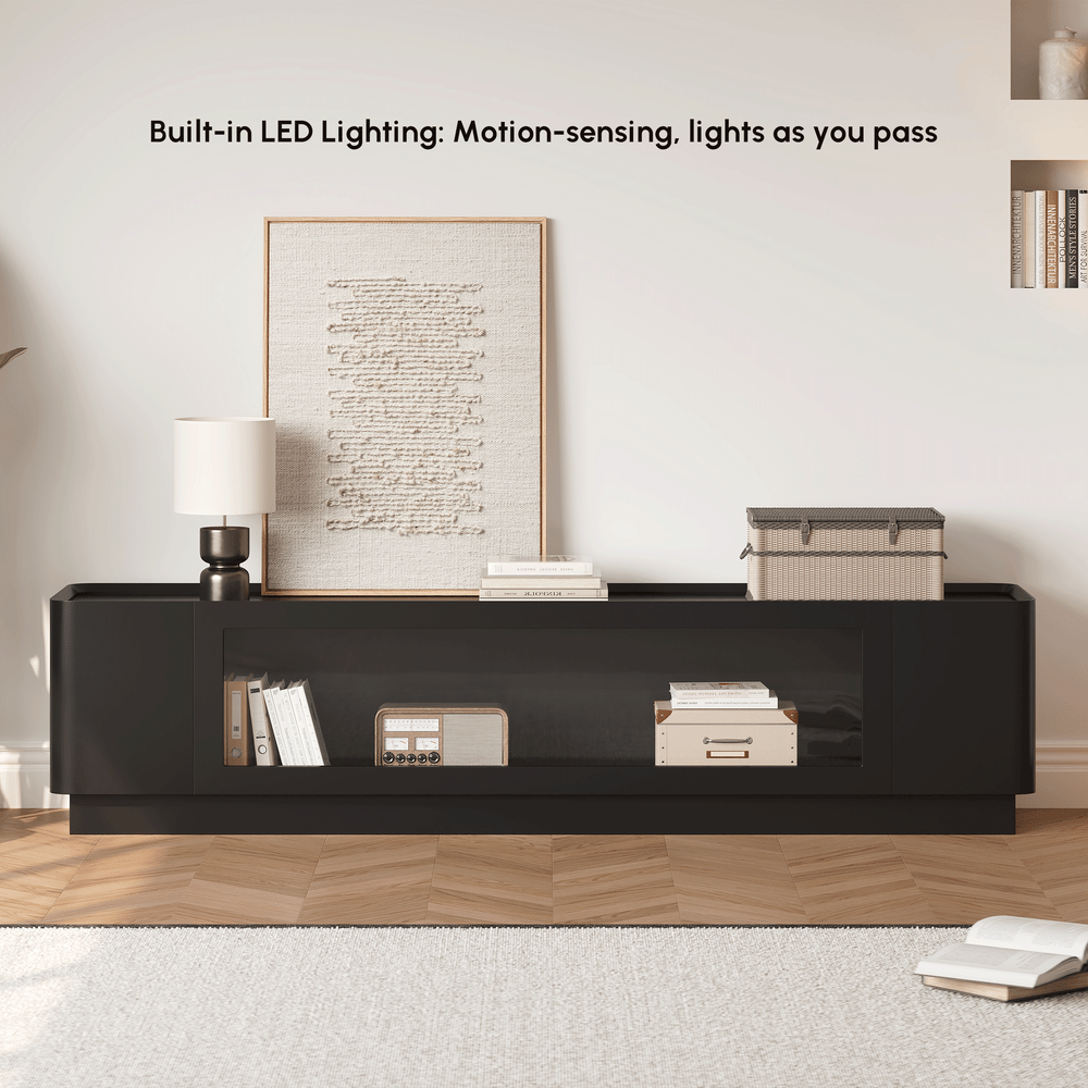 79" Black Glass Door TV Stand with Storage and LED window image