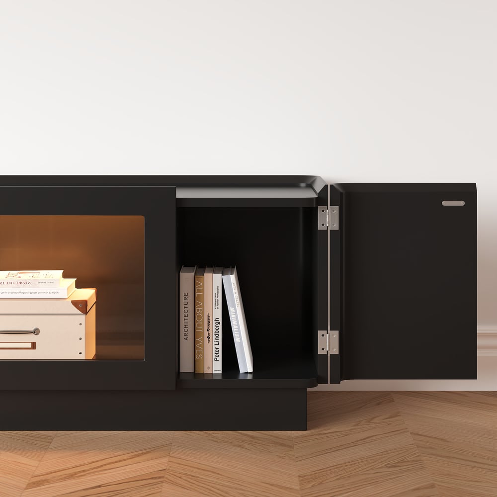 79" Black Glass Door TV Stand with Storage and LED window image