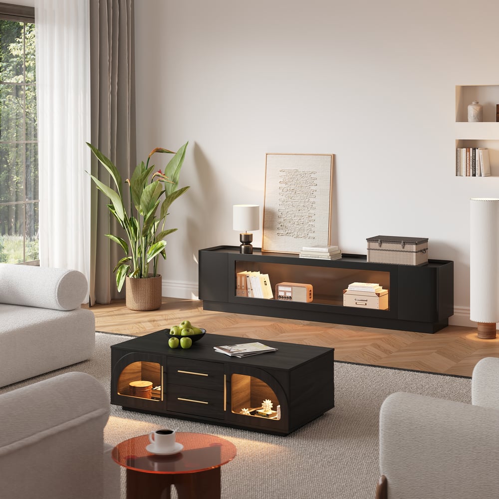 79" Black Glass Door TV Stand with Storage and LED window image