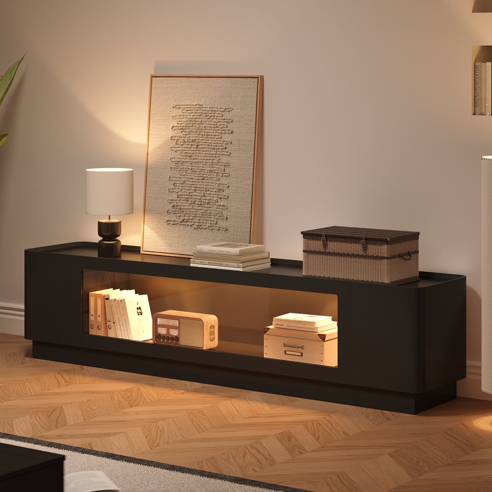 79" Black Glass Door TV Stand with Storage and LED window image